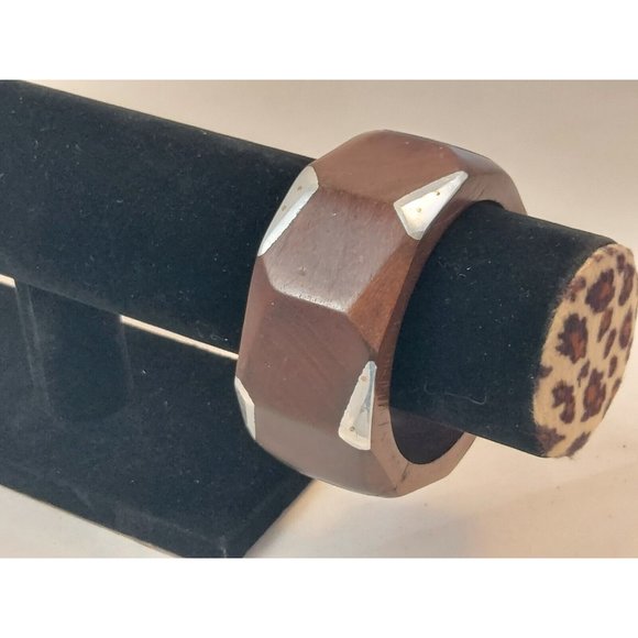 Vtg  Statement Artisan Studio Modernist Wood Metal Bangle bracelet chunky 1.5" - Picture 3 of 8